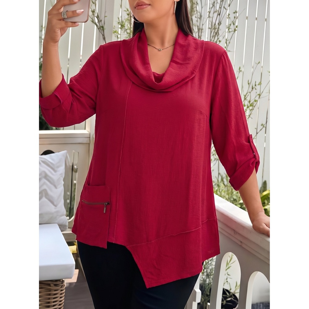 Ali Miles Cowl Neck Tunic Womens XL Red Magenta Asymmetrical Hem Roll Tab Sleeve